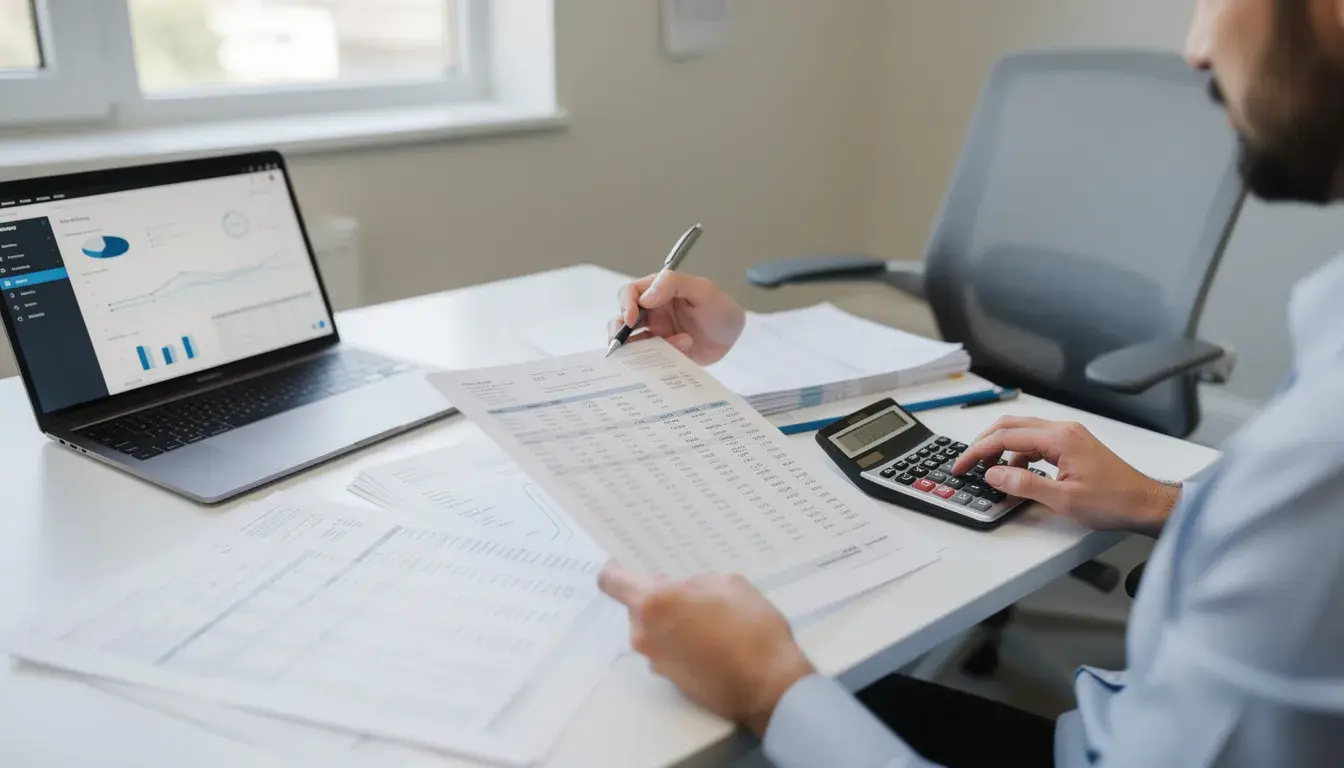 A person is seated at a desk, reviewing various financial documents and statements, with a calculator and laptop in front of them. This scene illustrates the process of calculating net worth, as they assess their assets, liabilities, and overall financial health.
