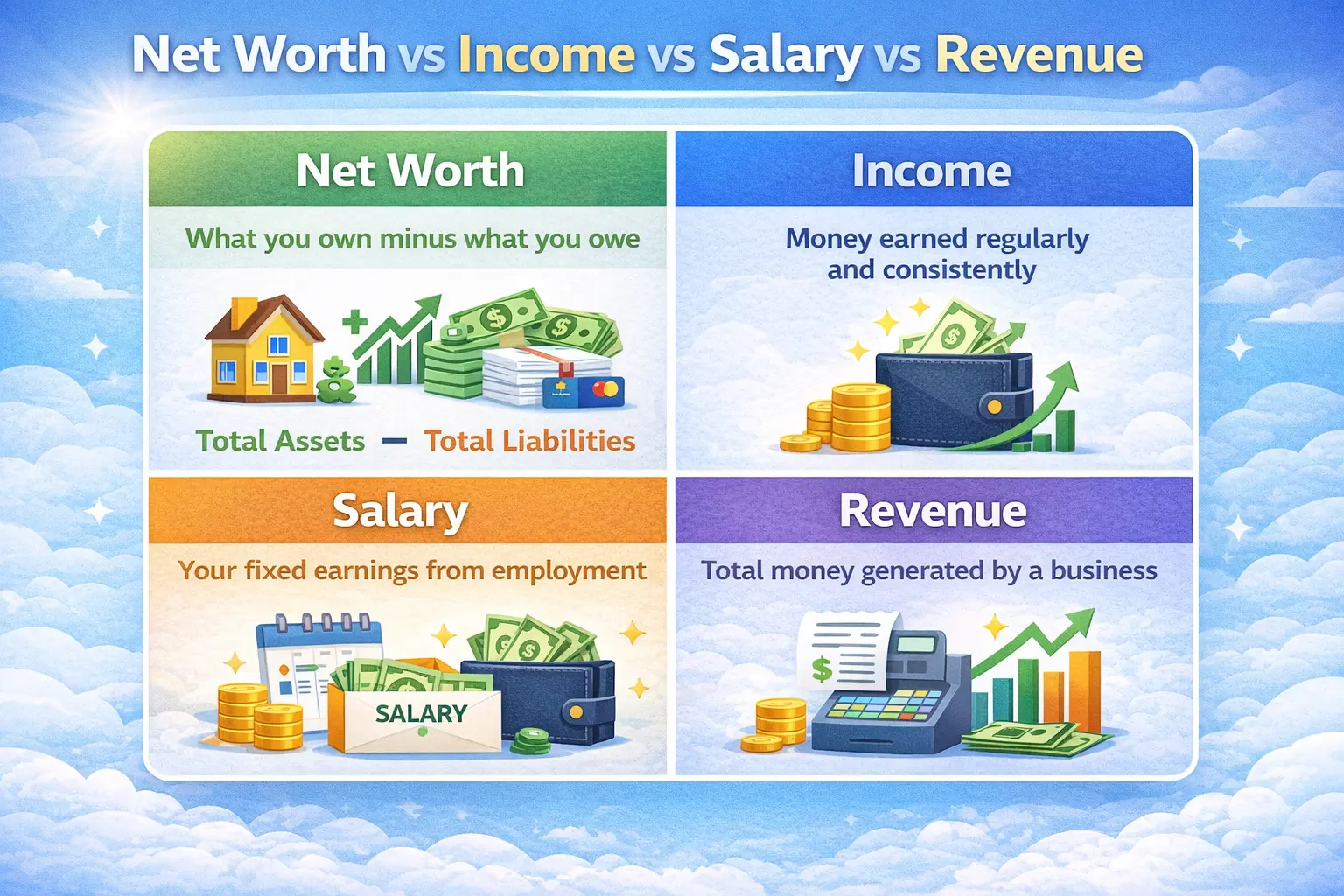 Net Worth vs Income vs Salary vs Revenue — Key Differences