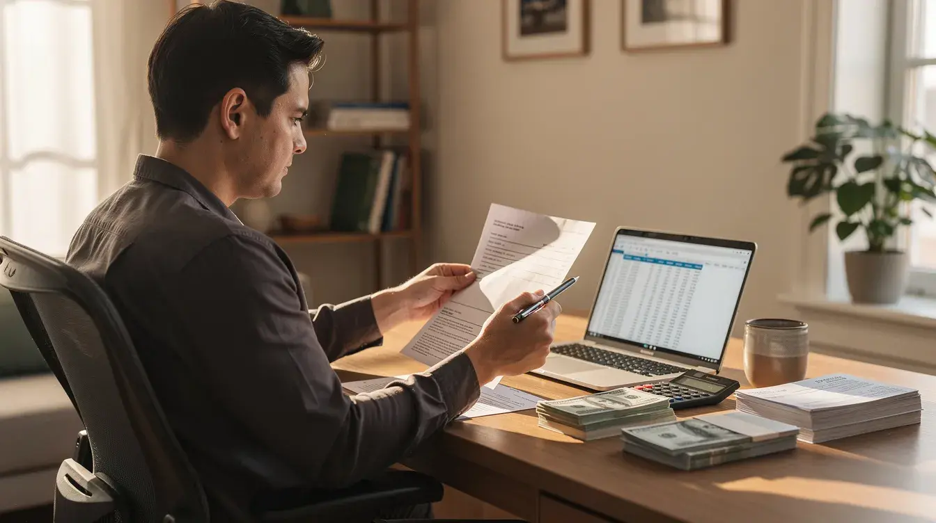 A person is sitting at a home office desk, carefully reviewing various financial documents, including credit card bills and retirement account statements, to assess their financial health and calculate their net worth. The scene reflects a focus on personal finance, with papers scattered around that likely detail assets, liabilities, and overall financial situation.