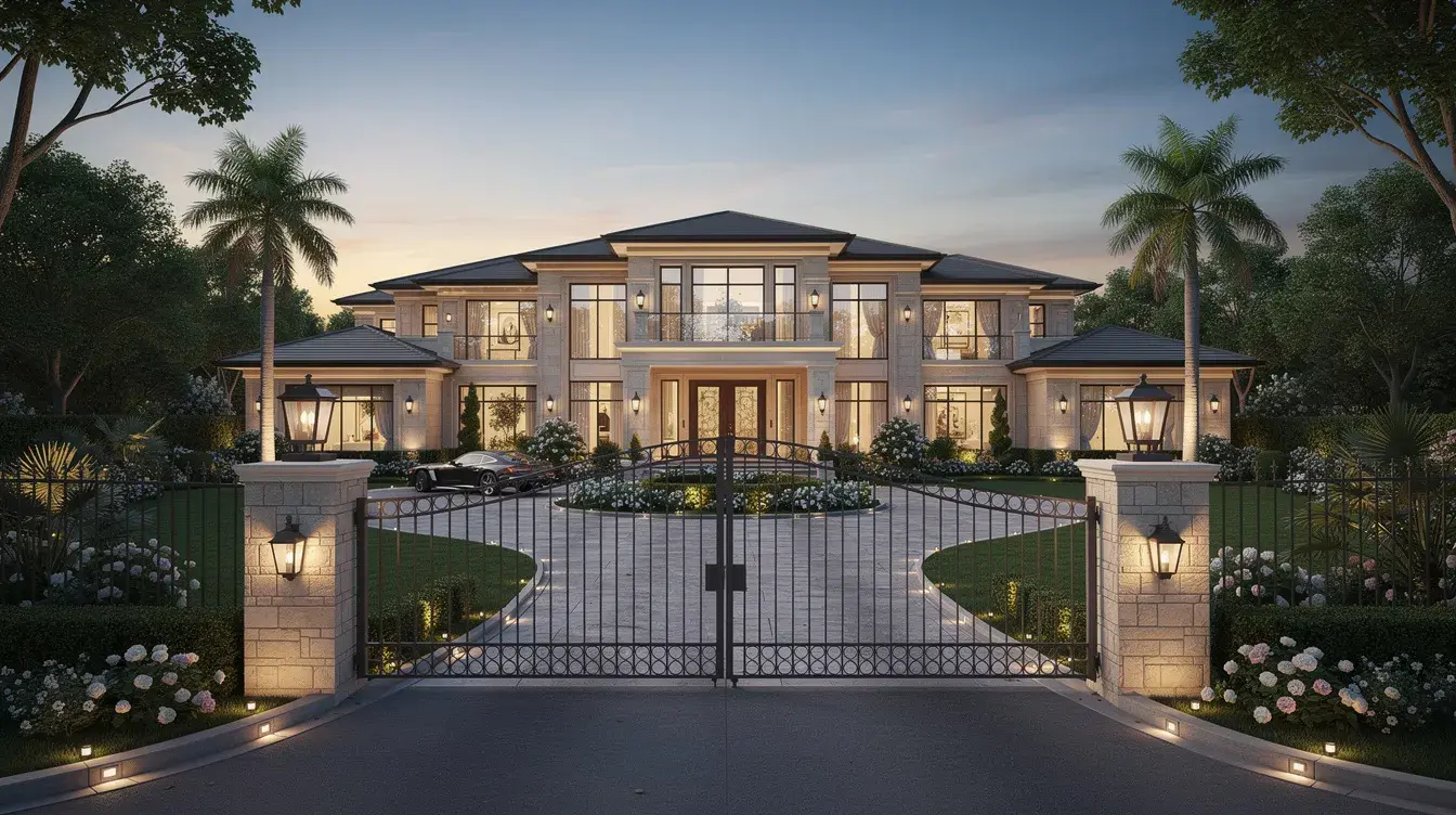 The image depicts a luxurious mansion with a gated entrance surrounded by beautifully landscaped grounds, showcasing the high market value of the property. This stunning exterior reflects the owner's positive net worth and financial success in real estate.