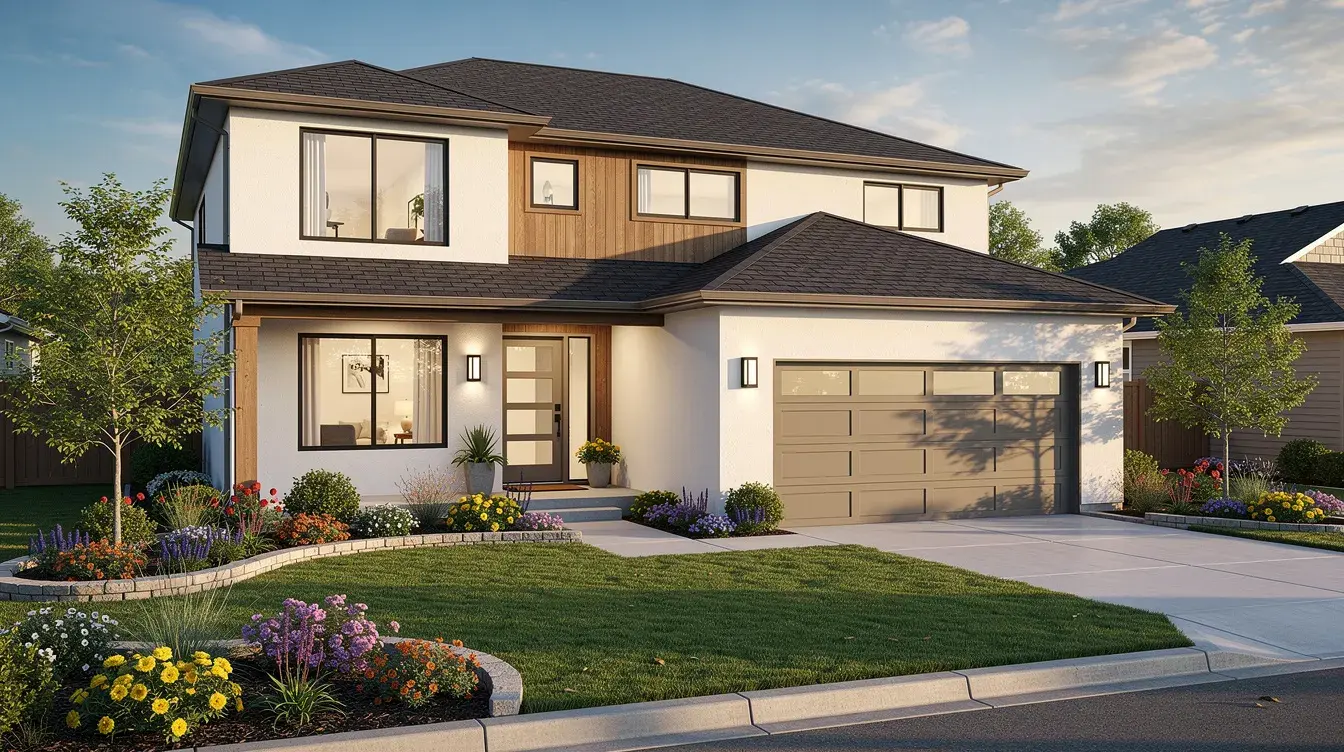 The image features a modern suburban house with a well-maintained landscaped front yard and a spacious driveway, reflecting a desirable primary residence that contributes positively to a person's net worth. This home showcases the potential for home equity and financial health through its market value and curb appeal.