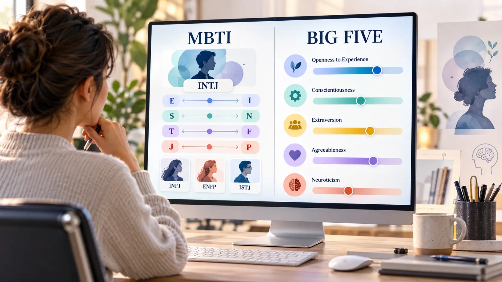 Person comparing MBTI personality types and Big Five trait assessments on a computer.